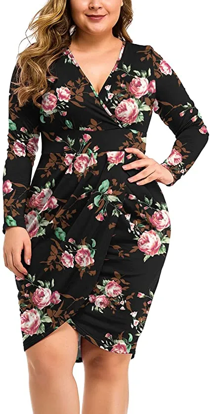Plus Size White Long Sleeve V Neck Knit Mini Dress