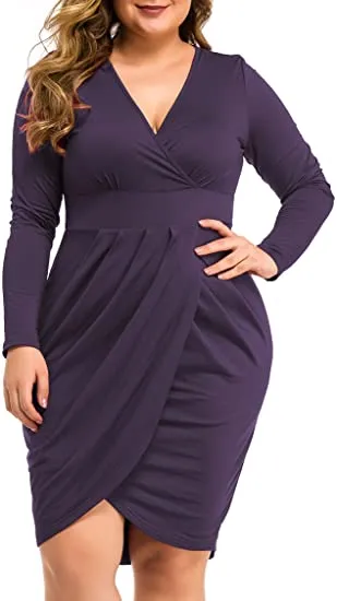 Plus Size White Long Sleeve V Neck Knit Mini Dress