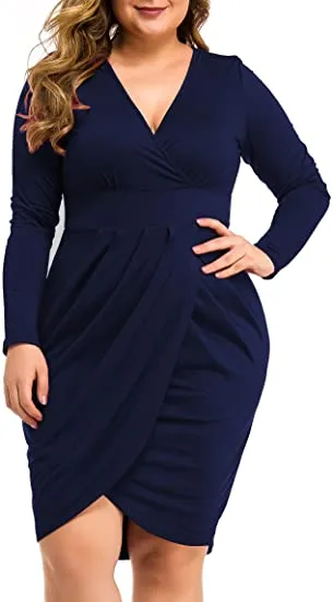 Plus Size White Long Sleeve V Neck Knit Mini Dress