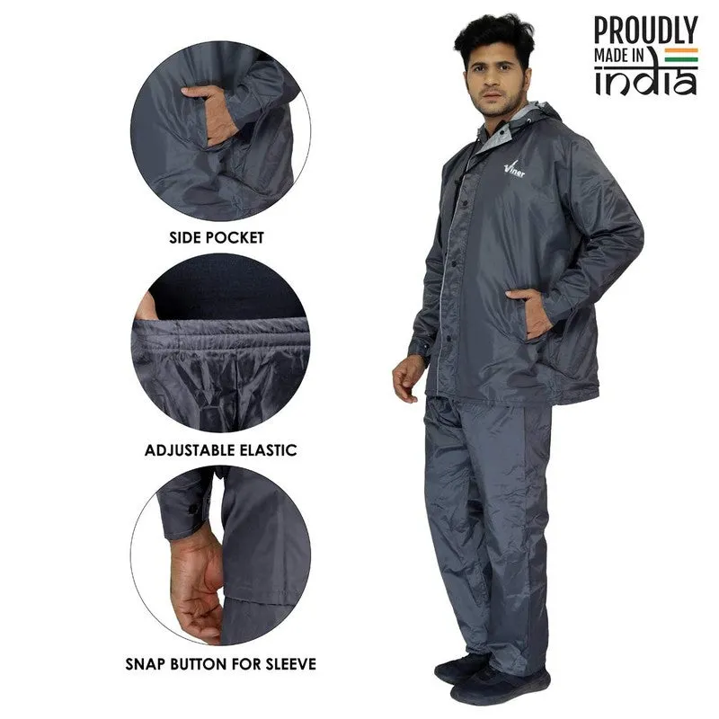 Reversible Waterproof Double Layer Men's Raincoat | High Collars & Adjustable Hood | 2XL | Grey