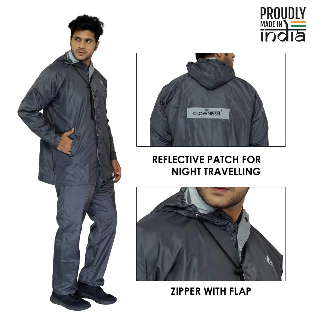 Reversible Waterproof Double Layer Men's Raincoat | High Collars & Adjustable Hood | 2XL | Grey