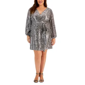 TAYLOR - Plus Size Animal-Print Faux-Wrap Sequin Dress