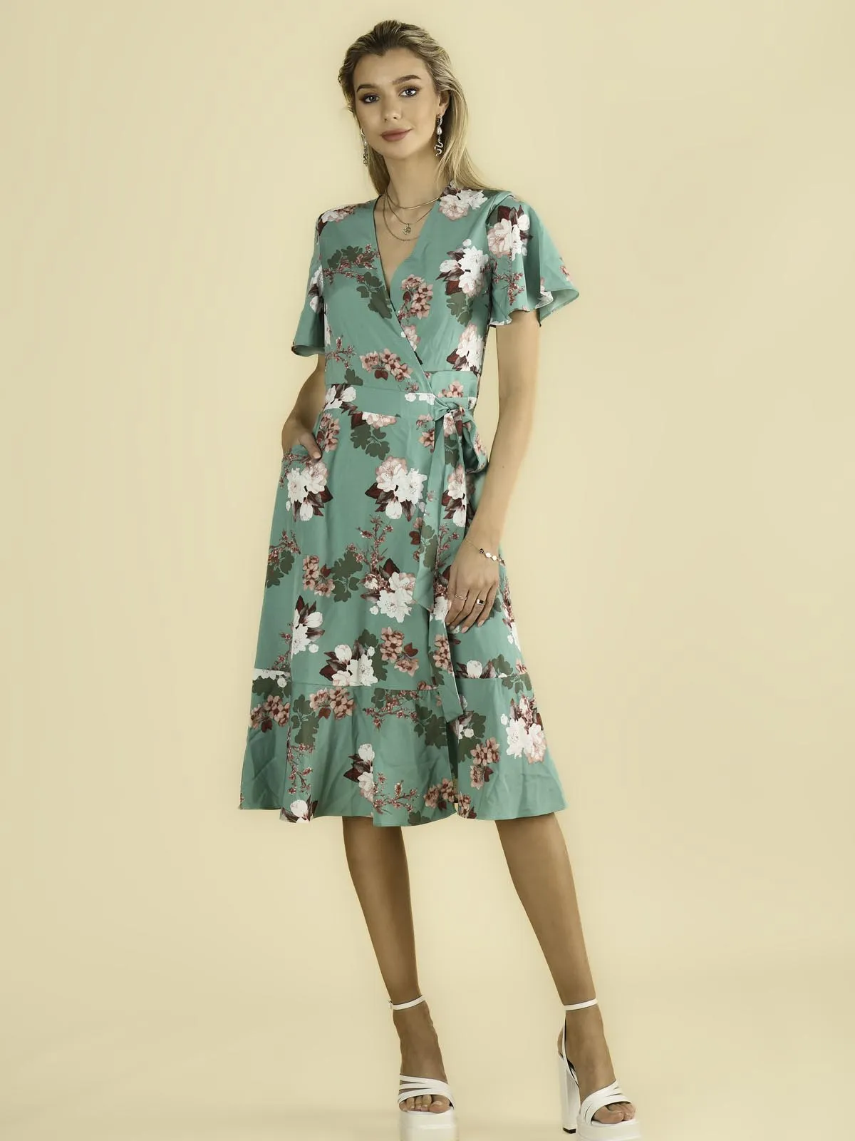 Wylla Wrap Woven Midi Dress, Green Floral