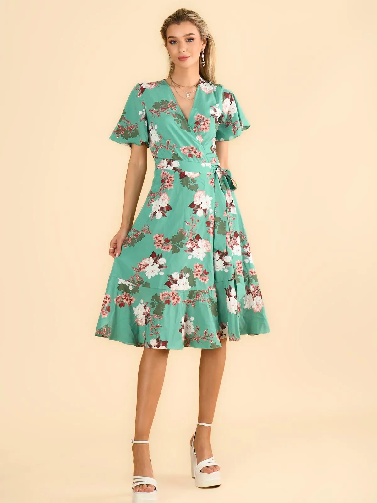 Wylla Wrap Woven Midi Dress, Green Floral
