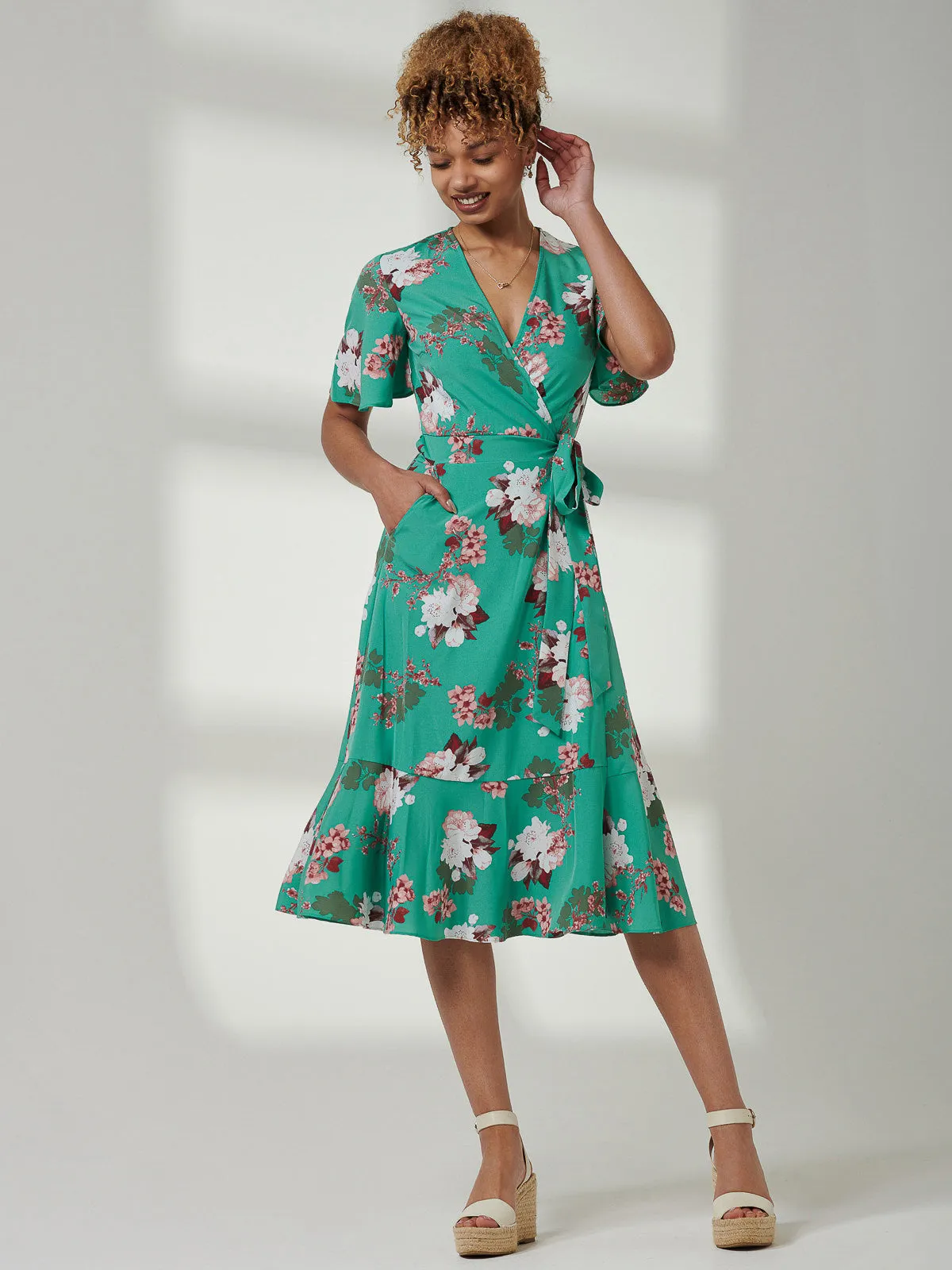 Wylla Wrap Woven Midi Dress, Green Floral