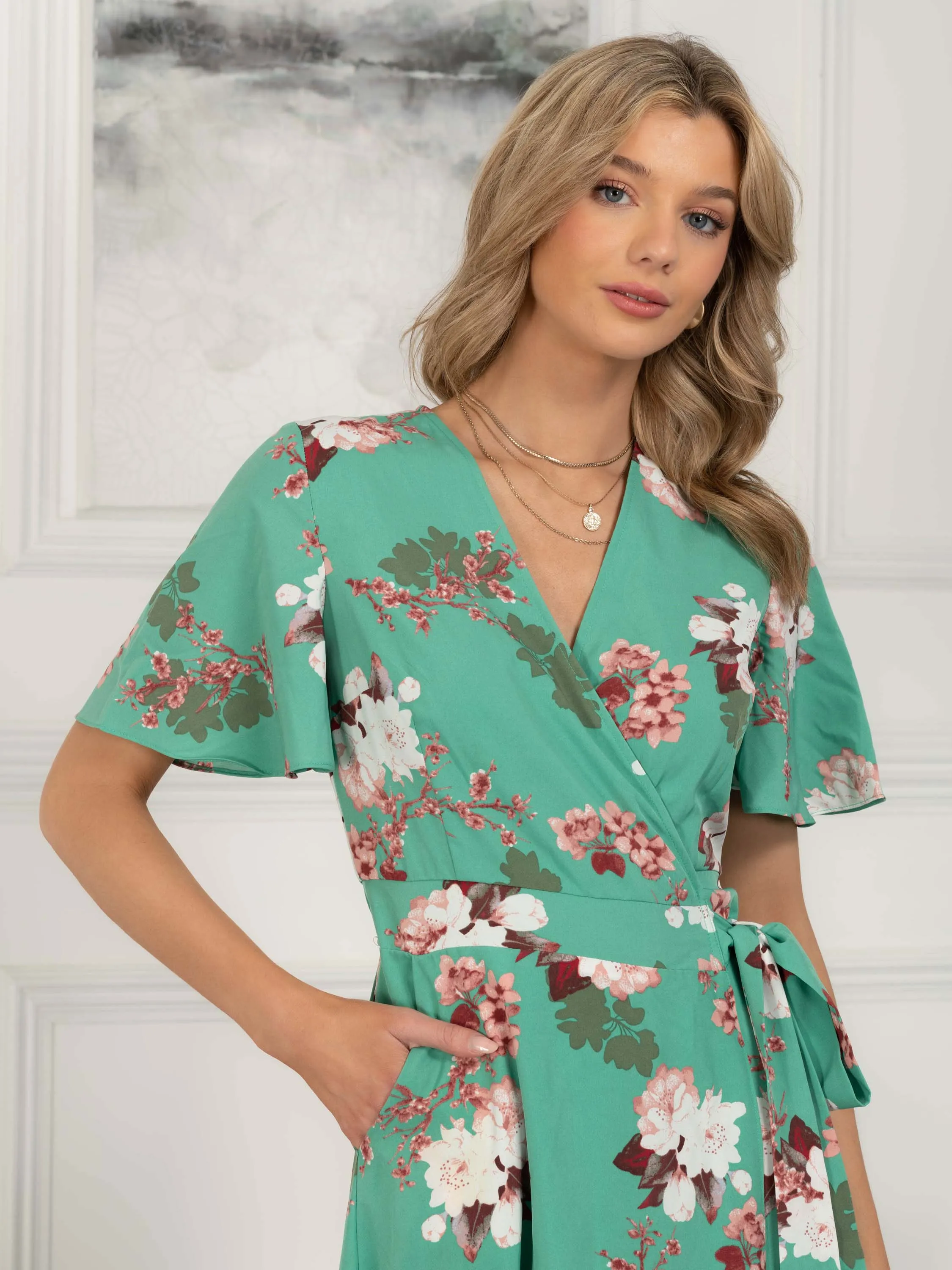 Wylla Wrap Woven Midi Dress, Green Floral