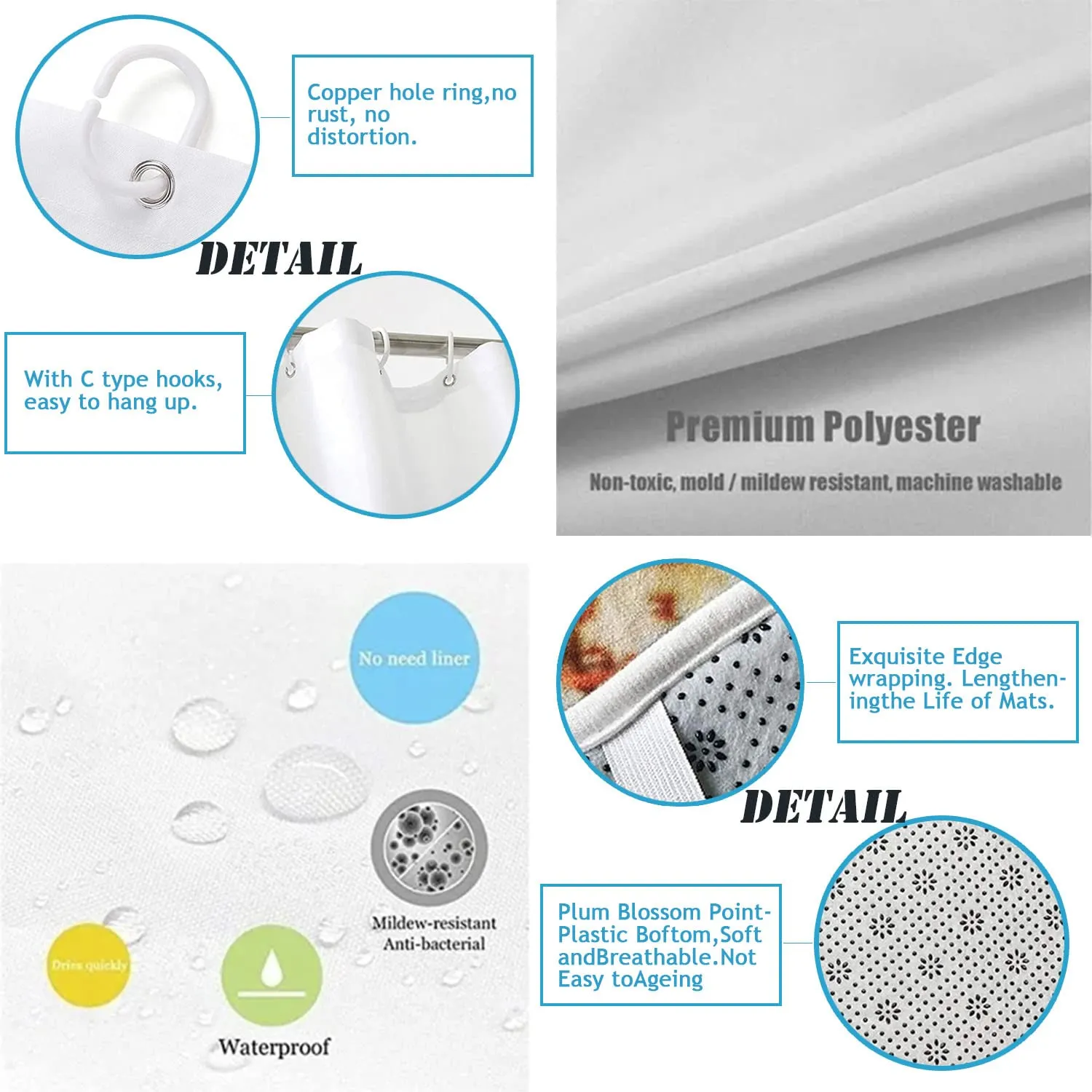 XVWJ 4PCS Blue Glittering Eyelash Bathroom Shower Curtain Sets with Rugs Toilet Lid Cover and Bath Mat, Hello Gorgeous Shower Curtains 12 Hooks, Durable Waterproof Bathroom Decor Shower Curtain Set