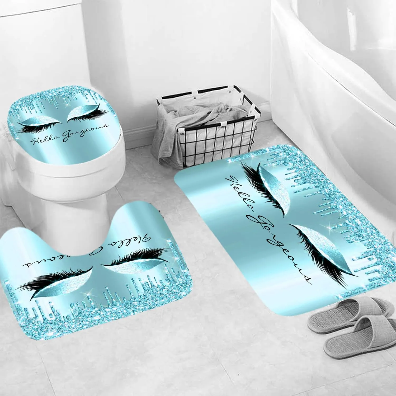 XVWJ 4PCS Blue Glittering Eyelash Bathroom Shower Curtain Sets with Rugs Toilet Lid Cover and Bath Mat, Hello Gorgeous Shower Curtains 12 Hooks, Durable Waterproof Bathroom Decor Shower Curtain Set