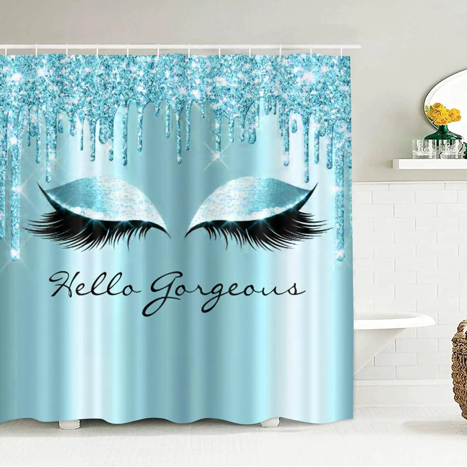 XVWJ 4PCS Blue Glittering Eyelash Bathroom Shower Curtain Sets with Rugs Toilet Lid Cover and Bath Mat, Hello Gorgeous Shower Curtains 12 Hooks, Durable Waterproof Bathroom Decor Shower Curtain Set