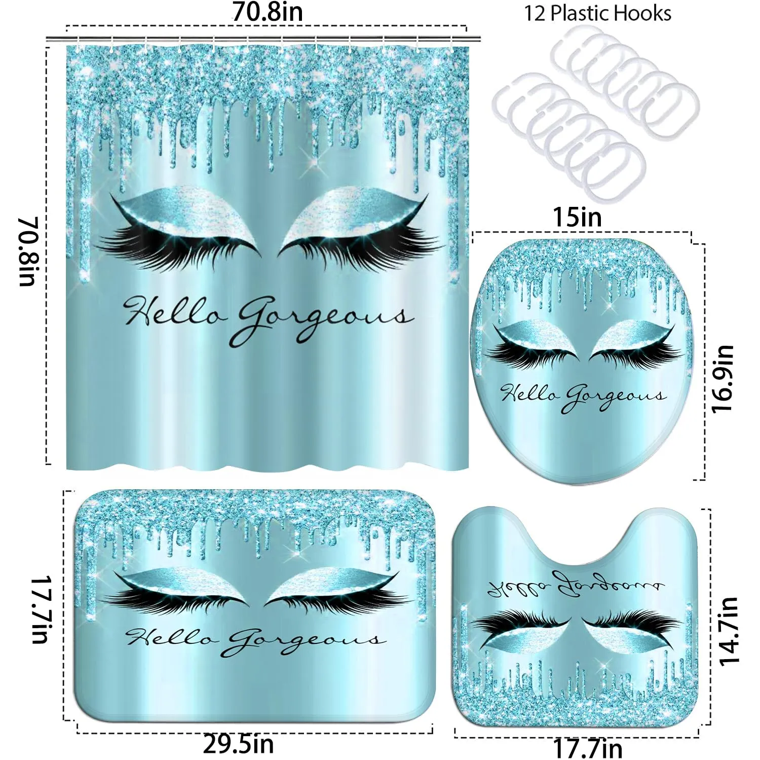 XVWJ 4PCS Blue Glittering Eyelash Bathroom Shower Curtain Sets with Rugs Toilet Lid Cover and Bath Mat, Hello Gorgeous Shower Curtains 12 Hooks, Durable Waterproof Bathroom Decor Shower Curtain Set