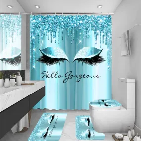 XVWJ 4PCS Blue Glittering Eyelash Bathroom Shower Curtain Sets with Rugs Toilet Lid Cover and Bath Mat, Hello Gorgeous Shower Curtains 12 Hooks, Durable Waterproof Bathroom Decor Shower Curtain Set